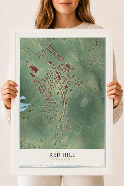 Map of Red Hill, Pennsylvania, 18 x 24 inch print in a white wood frame