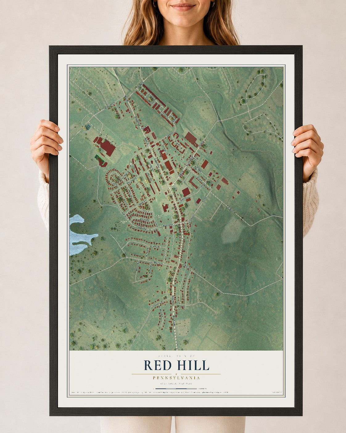 Map of Red Hill, Pennsylvania, 24 x 36 inch print in a black wood frame