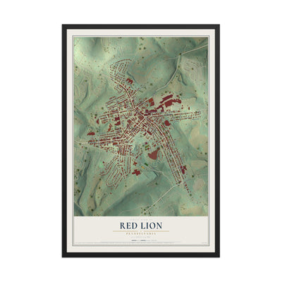 Map of Red Lion, Pennsylvania, 12 x 18 inch print in a black wood frame