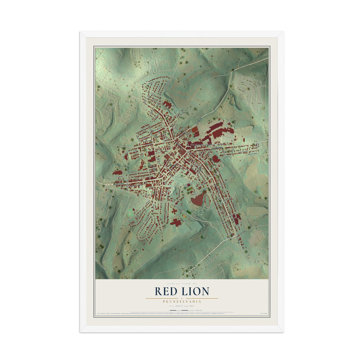 Map of Red Lion, Pennsylvania, 12 x 18 inch print in a white wood frame