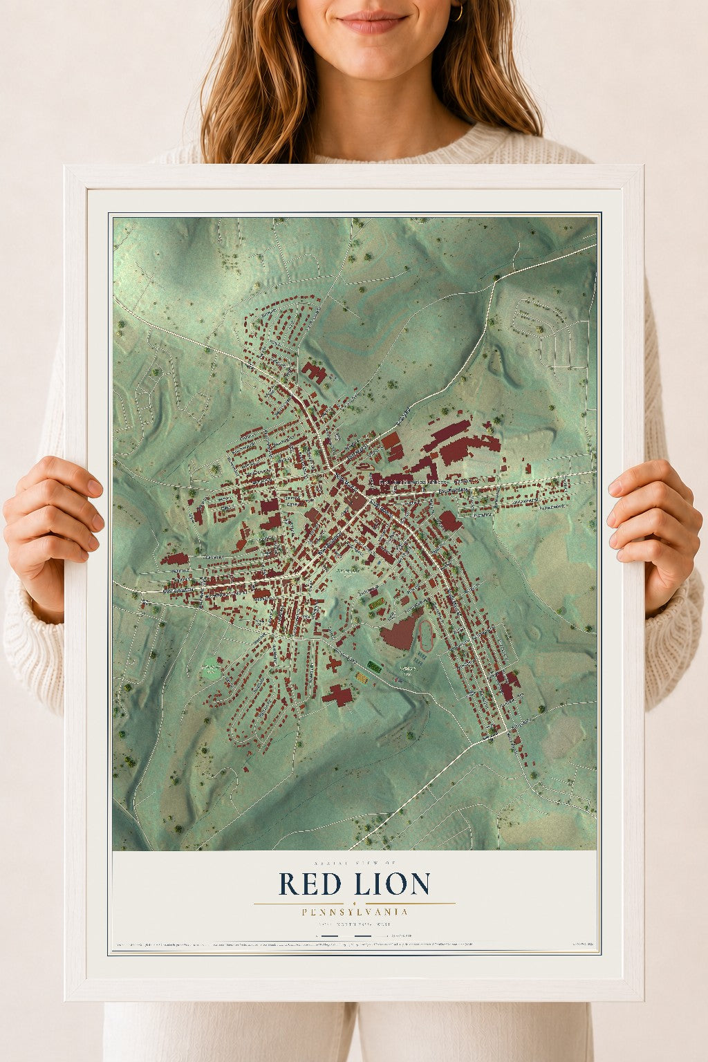 Map of Red Lion, Pennsylvania, 18 x 24 inch print in a white wood frame