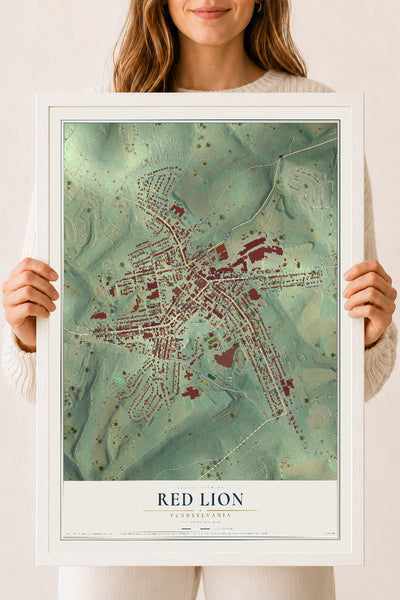 Map of Red Lion, Pennsylvania, 18 x 24 inch print in a white wood frame