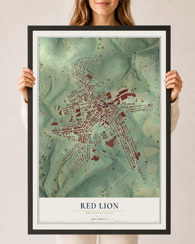 Map of Red Lion, Pennsylvania, 24 x 36 inch print in a black wood frame