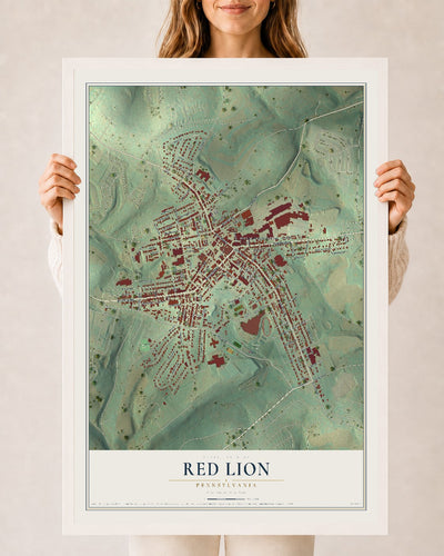 Map of Red Lion, Pennsylvania, 24 x 36 inch print in a white wood frame