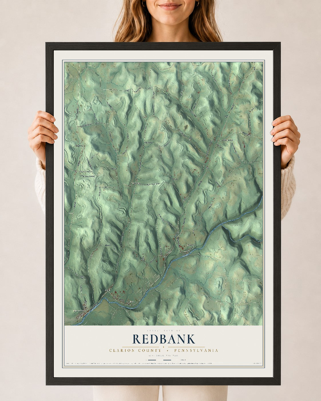 Map of Redbank, Clarion County, Pennsylvania, 24 x 36 inch print in a black wood frame