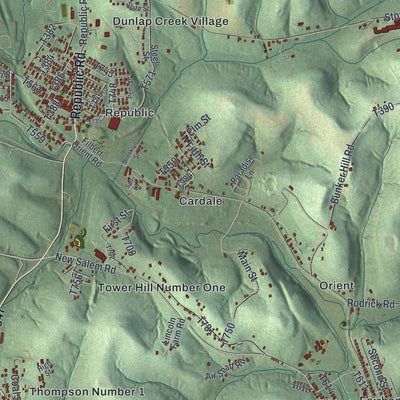 Close-up of the map of Redstone, Pennsylvania print showing street and building detail
