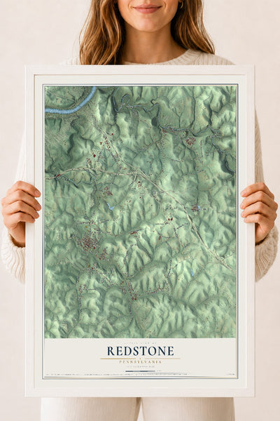 Map of Redstone, Pennsylvania, 18 x 24 inch print in a white wood frame
