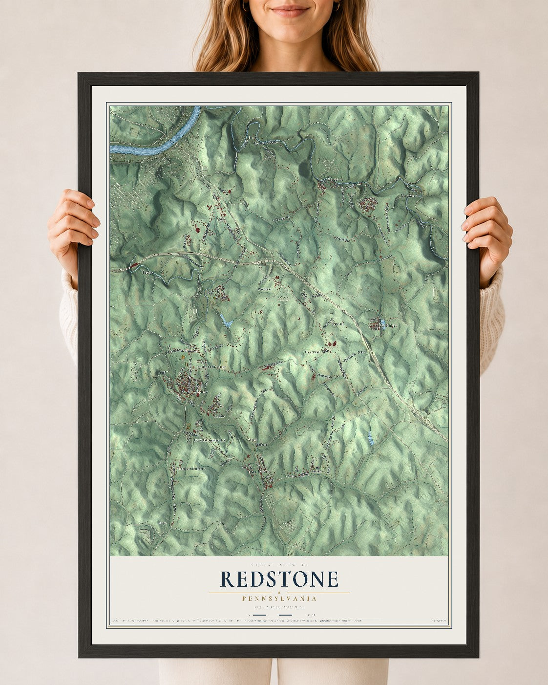 Map of Redstone, Pennsylvania, 24 x 36 inch print in a black wood frame