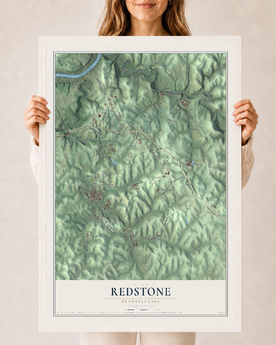 Map of Redstone, Pennsylvania, 24 x 36 inch print in a white wood frame