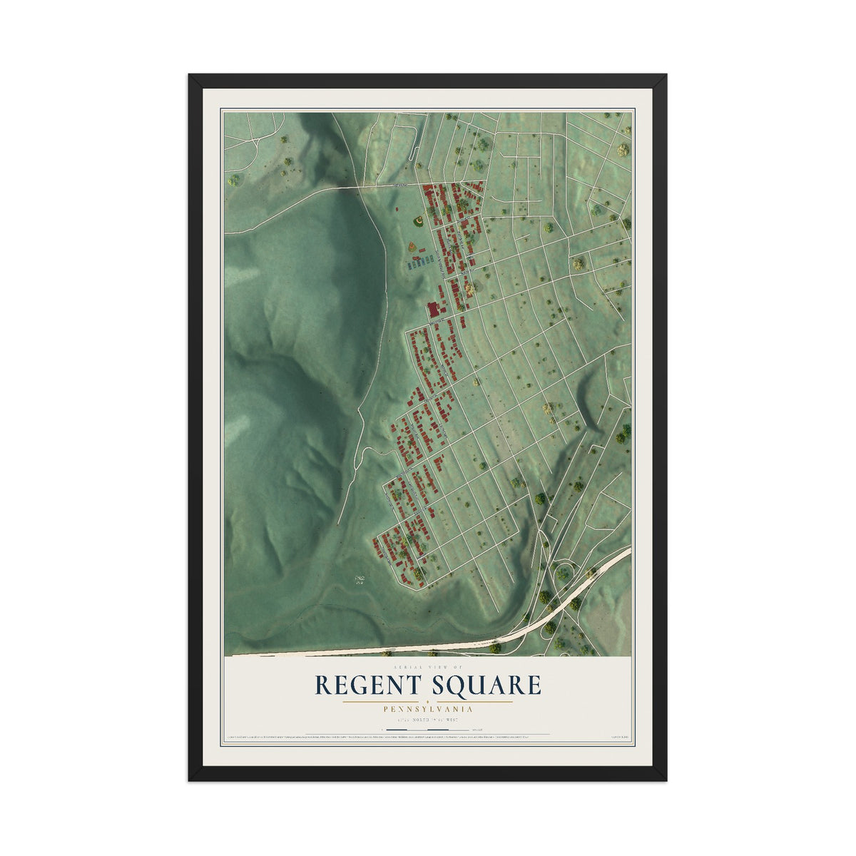 Map of Regent Square, Pennsylvania, 12 x 18 inch print in a black wood frame