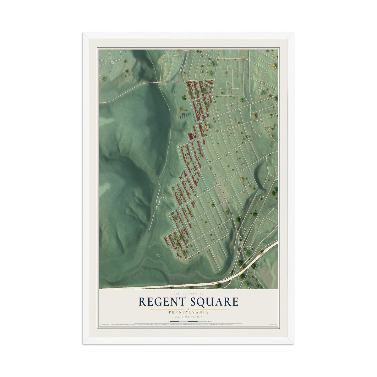 Map of Regent Square, Pennsylvania, 12 x 18 inch print in a white wood frame