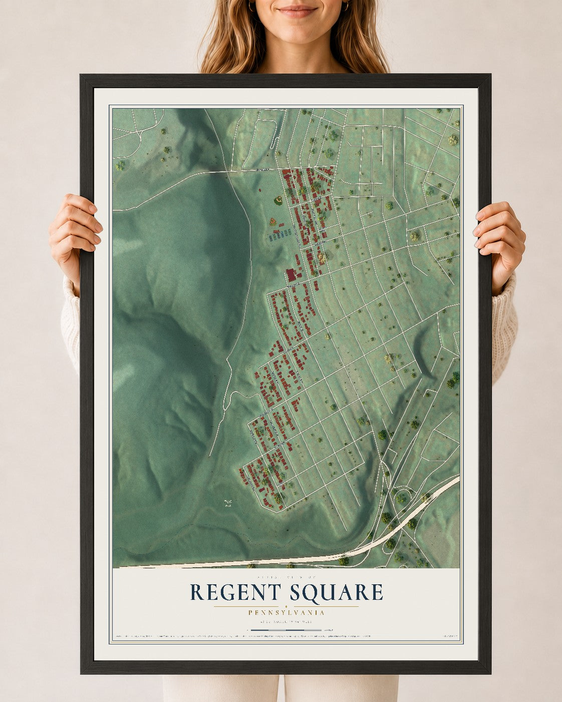 Map of Regent Square, Pennsylvania, 24 x 36 inch print in a black wood frame