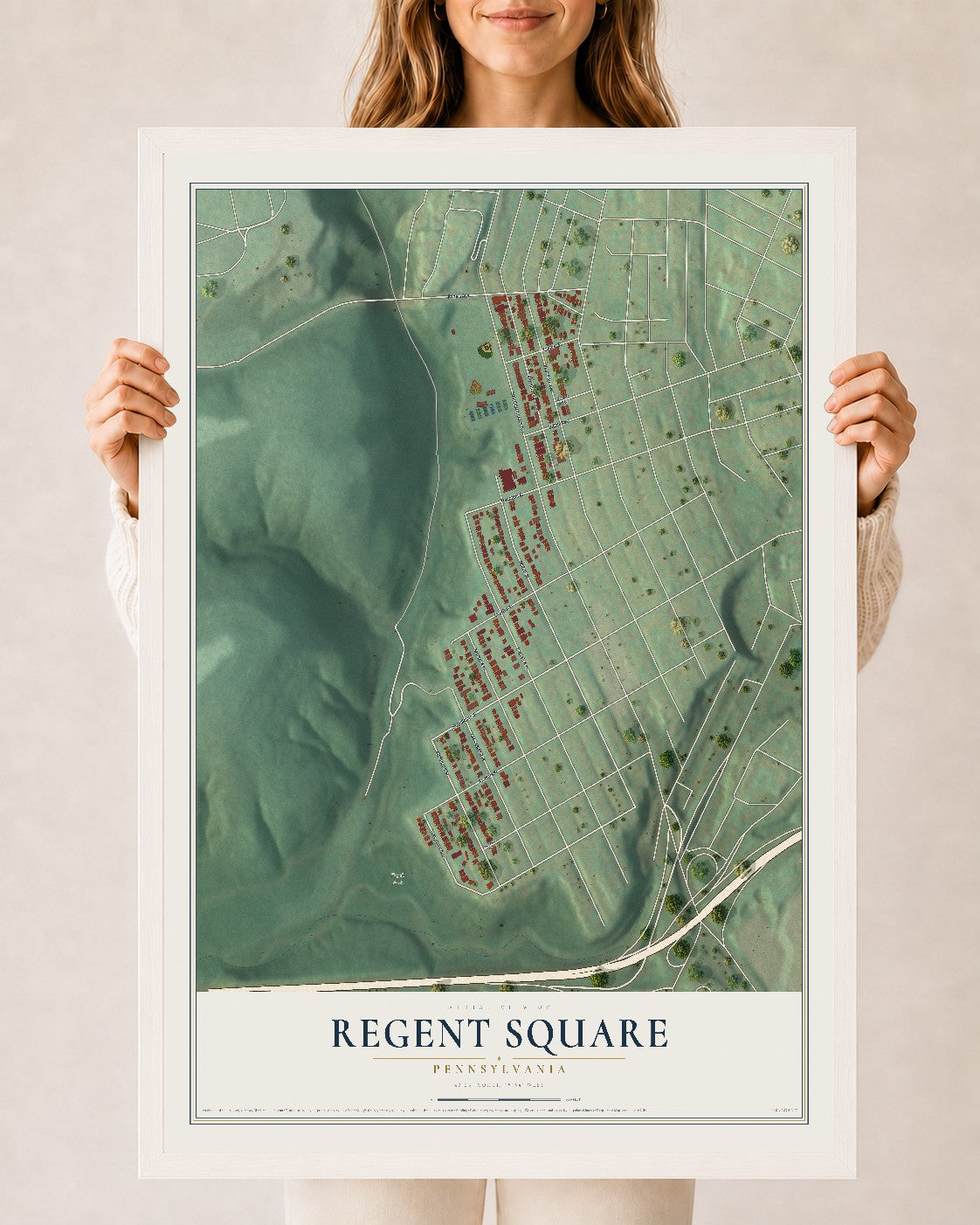 Map of Regent Square, Pennsylvania, 24 x 36 inch print in a white wood frame