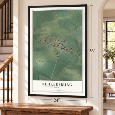 Rehrersburg, Pennsylvania map, 24 x 36 inch print in a black frame by a staircase