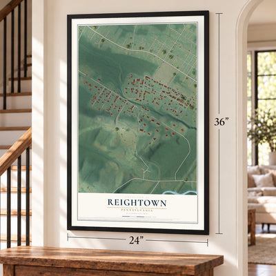 Reightown, Pennsylvania map, 24 x 36 inch print in a black frame by a staircase