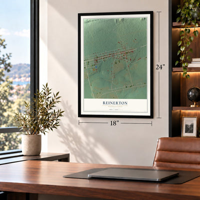 Reinerton, Pennsylvania map, 18 x 24 inch print in a black frame in a home office