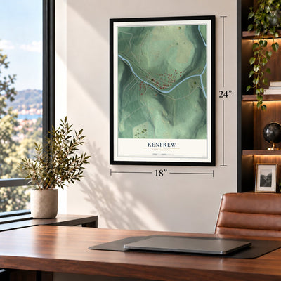 Renfrew, Pennsylvania map, 18 x 24 inch print in a black frame in a home office
