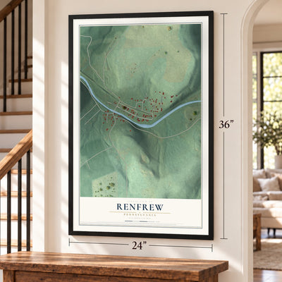 Renfrew, Pennsylvania map, 24 x 36 inch print in a black frame by a staircase