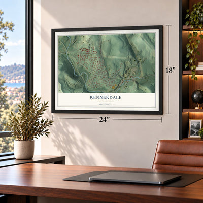 Rennerdale, Pennsylvania map, 18 x 24 inch print in a black frame in a home office