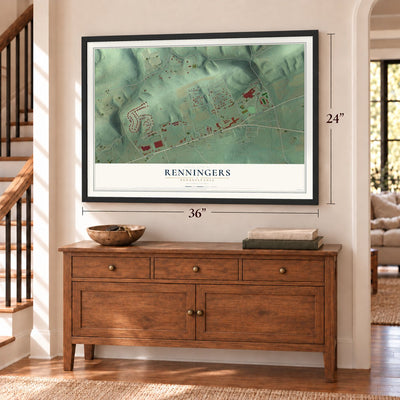 Renningers, Pennsylvania map, 24 x 36 inch print in a black frame above a dresser by a staircase