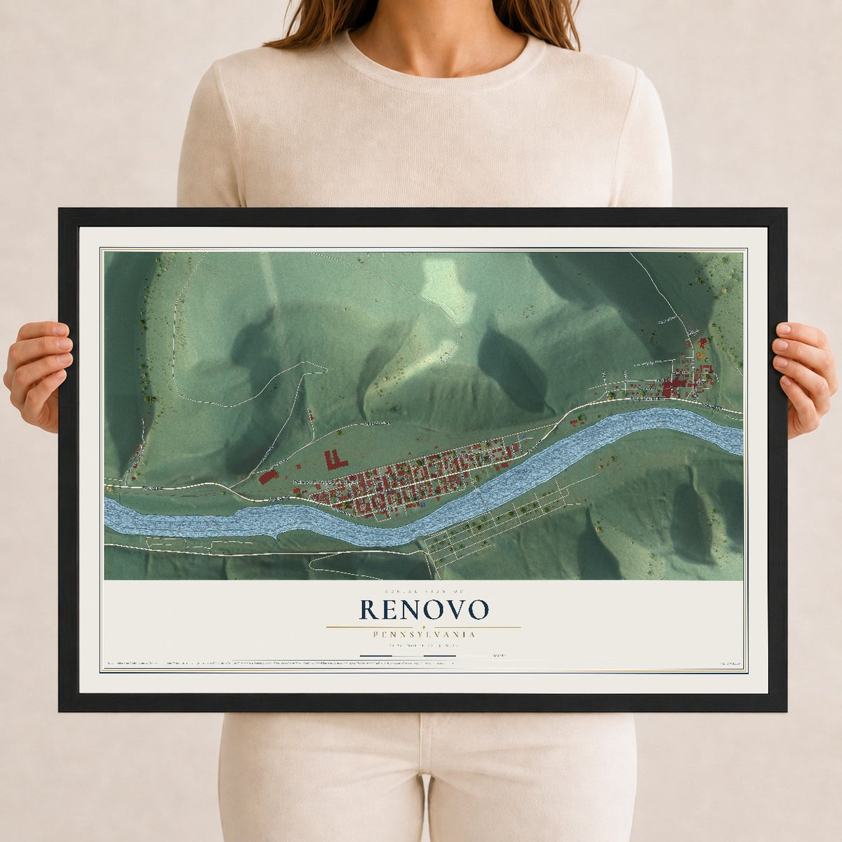 Map of Renovo, Pennsylvania, 12 x 18 inch print in a black wood frame