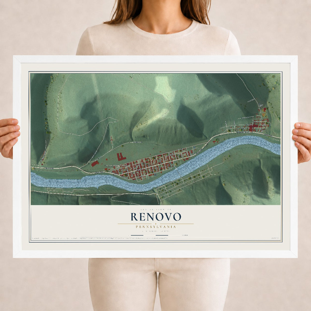 Map of Renovo, Pennsylvania, 18 x 24 inch print in a white wood frame