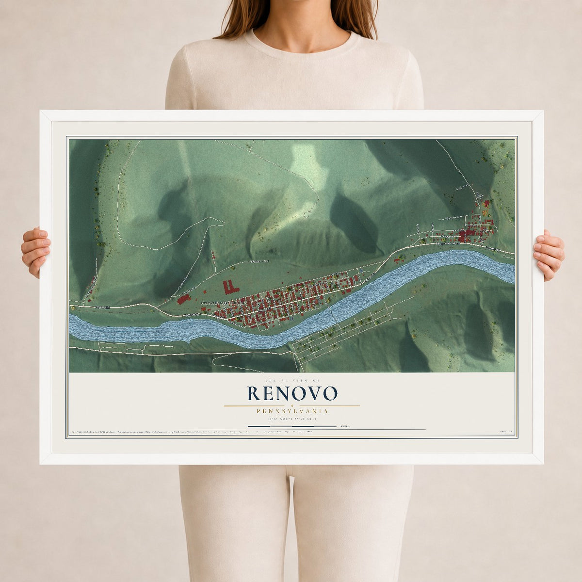 Map of Renovo, Pennsylvania, 24 x 36 inch print in a white wood frame