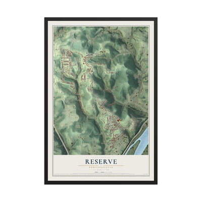 Map of Reserve, Pennsylvania, 12 x 18 inch print in a black wood frame