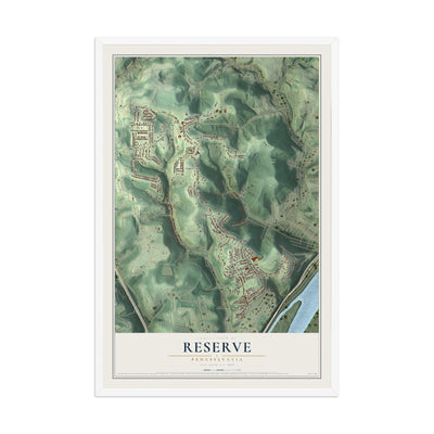 Map of Reserve, Pennsylvania, 12 x 18 inch print in a white wood frame