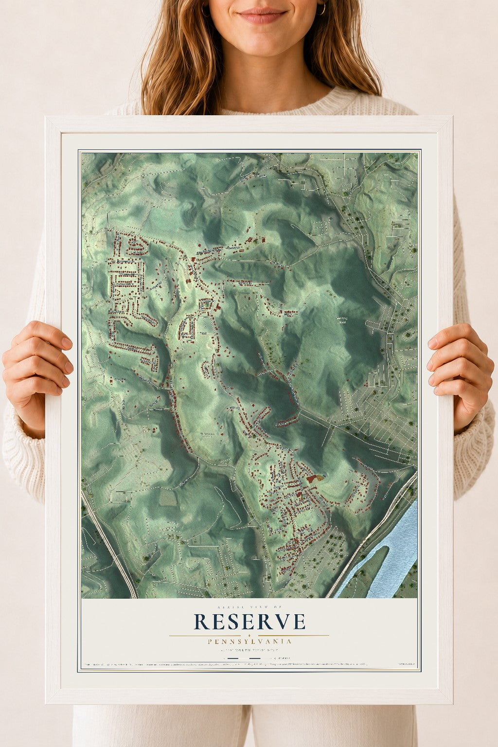 Map of Reserve, Pennsylvania, 18 x 24 inch print in a white wood frame