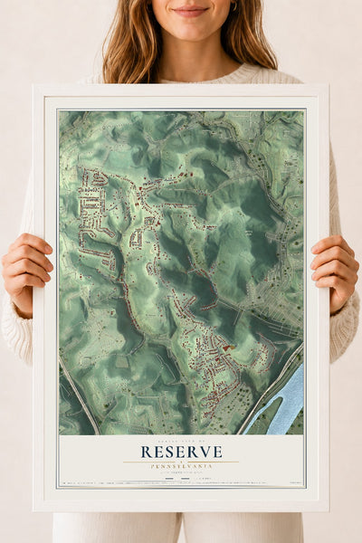 Map of Reserve, Pennsylvania, 18 x 24 inch print in a white wood frame