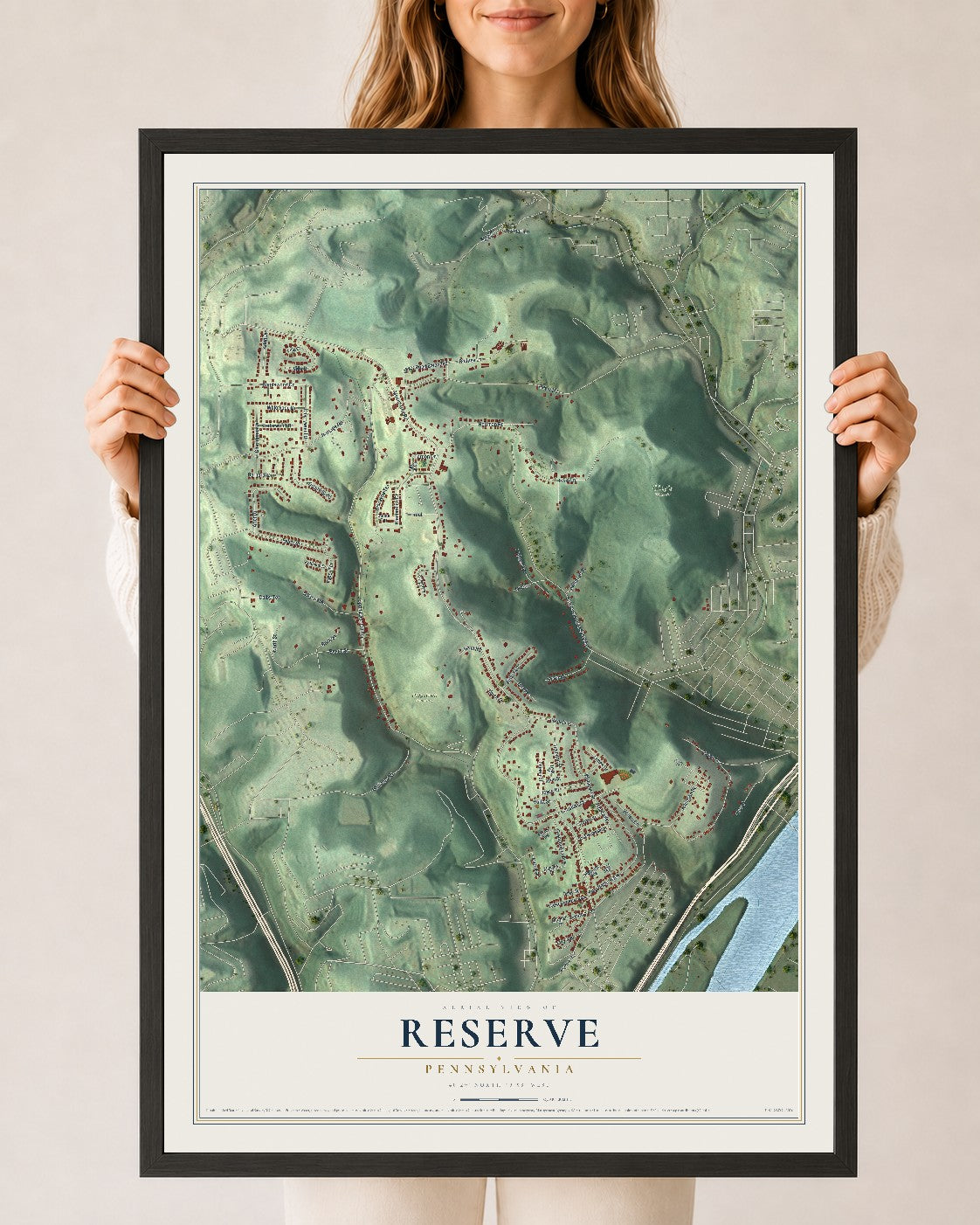 Map of Reserve, Pennsylvania, 24 x 36 inch print in a black wood frame