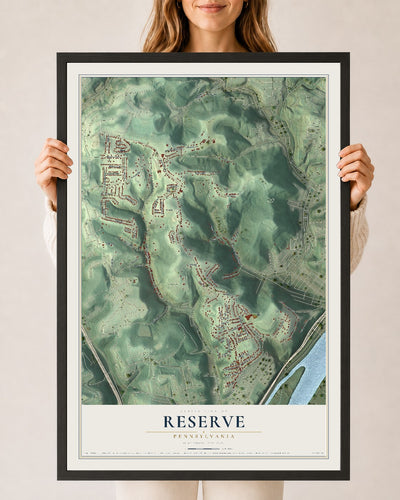 Map of Reserve, Pennsylvania, 24 x 36 inch print in a black wood frame