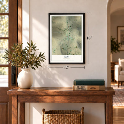 Rew, Pennsylvania map, 12 x 18 inch print in a black frame in an entryway