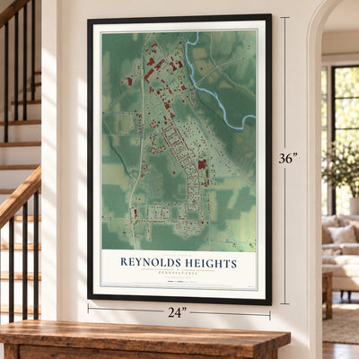 Reynolds Heights, Pennsylvania map, 24 x 36 inch print in a black frame by a staircase