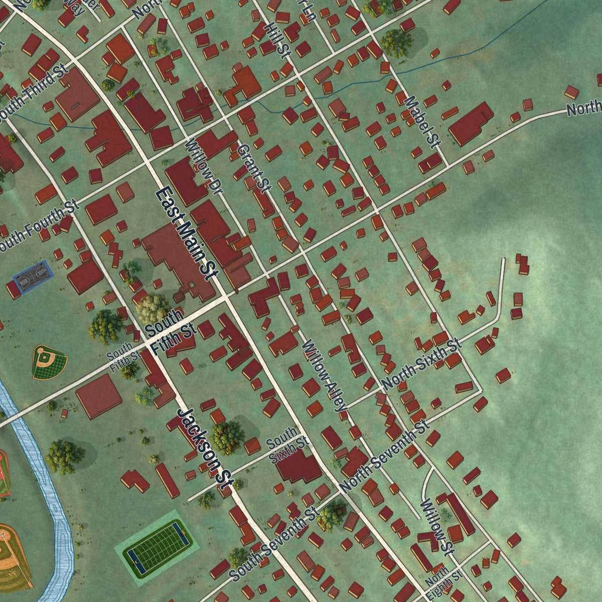 Close-up of the map of Reynoldsville, Pennsylvania print showing street and building detail