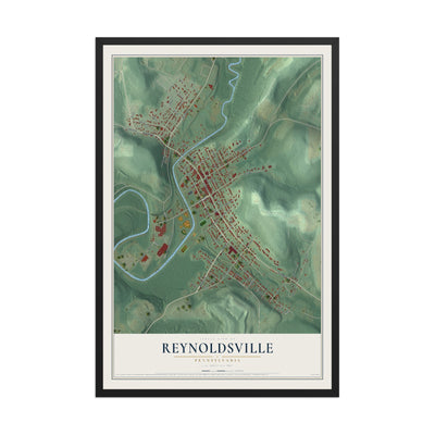 Map of Reynoldsville, Pennsylvania, 12 x 18 inch print in a black wood frame