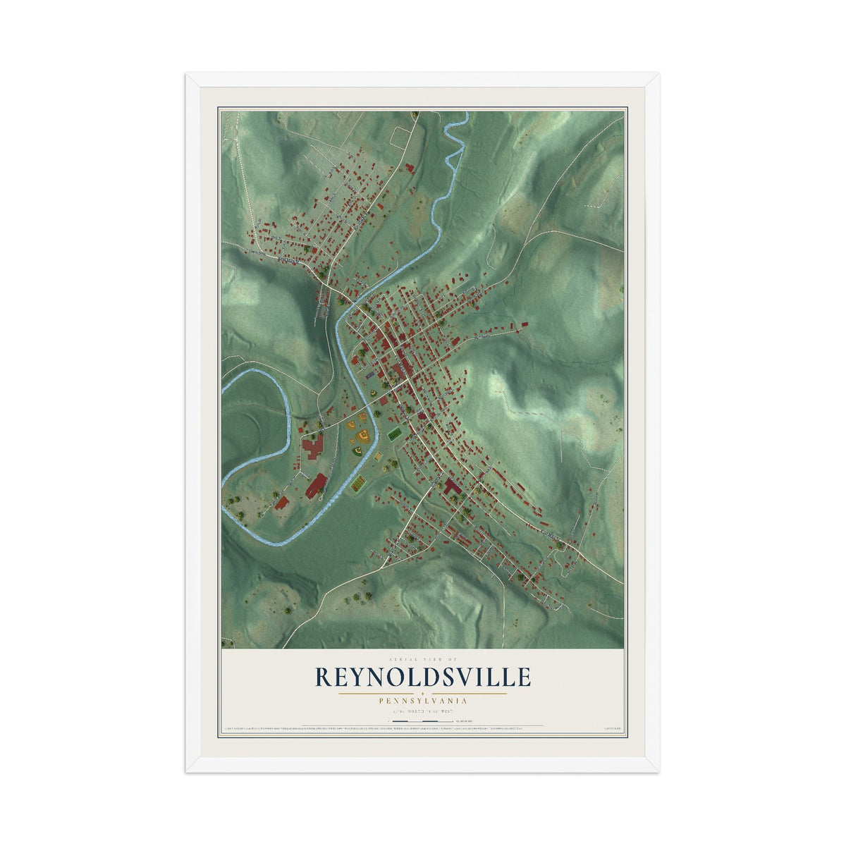 Map of Reynoldsville, Pennsylvania, 12 x 18 inch print in a white wood frame
