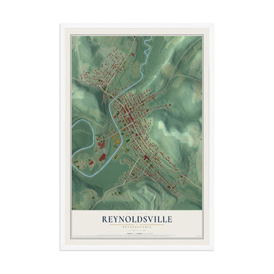 Map of Reynoldsville, Pennsylvania, 12 x 18 inch print in a white wood frame