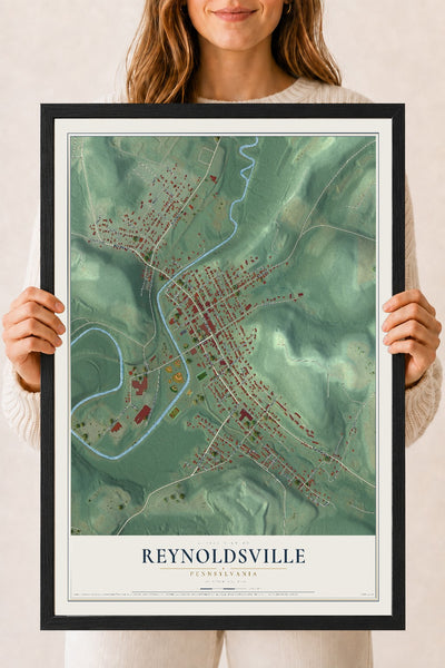 Map of Reynoldsville, Pennsylvania, 18 x 24 inch print in a black wood frame