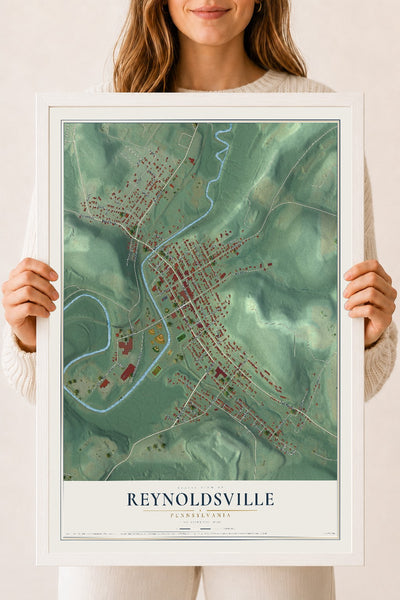 Map of Reynoldsville, Pennsylvania, 18 x 24 inch print in a white wood frame