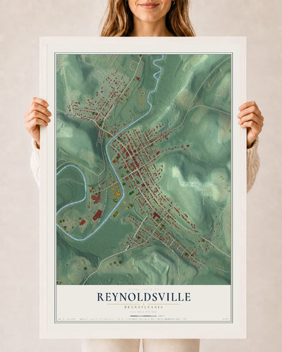 Map of Reynoldsville, Pennsylvania, 24 x 36 inch print in a white wood frame