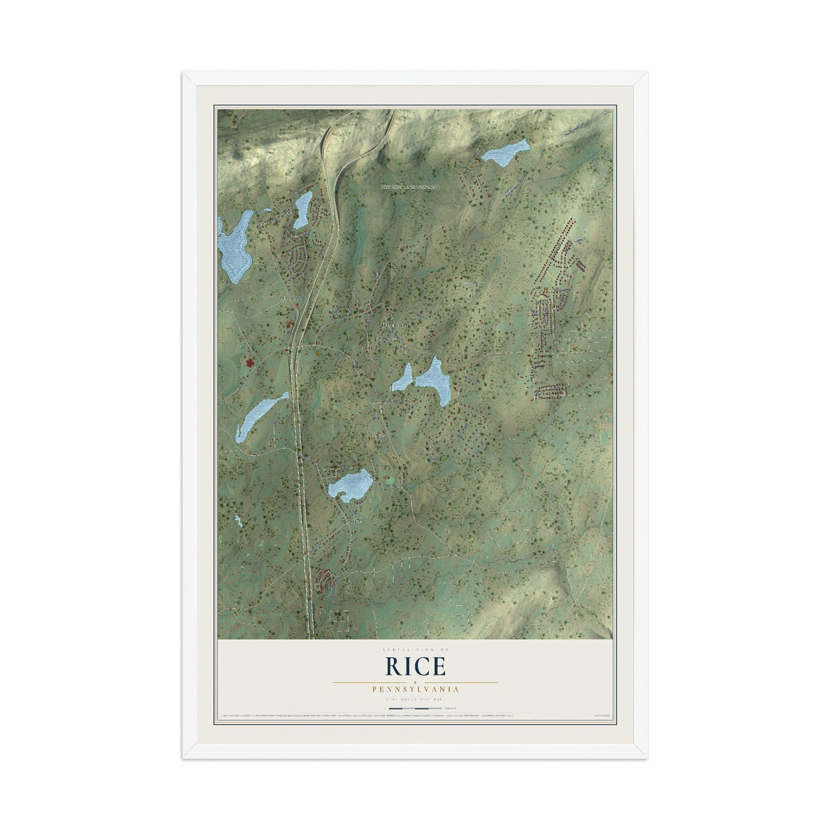 Map of Rice, Pennsylvania, 12 x 18 inch print in a white wood frame