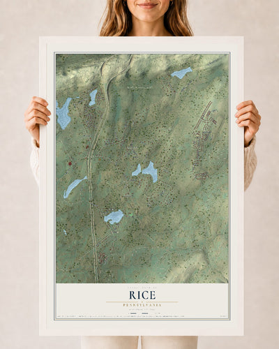 Map of Rice, Pennsylvania, 24 x 36 inch print in a white wood frame
