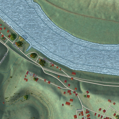 Close-up of the map of Rices Landing, Pennsylvania print showing street and building detail