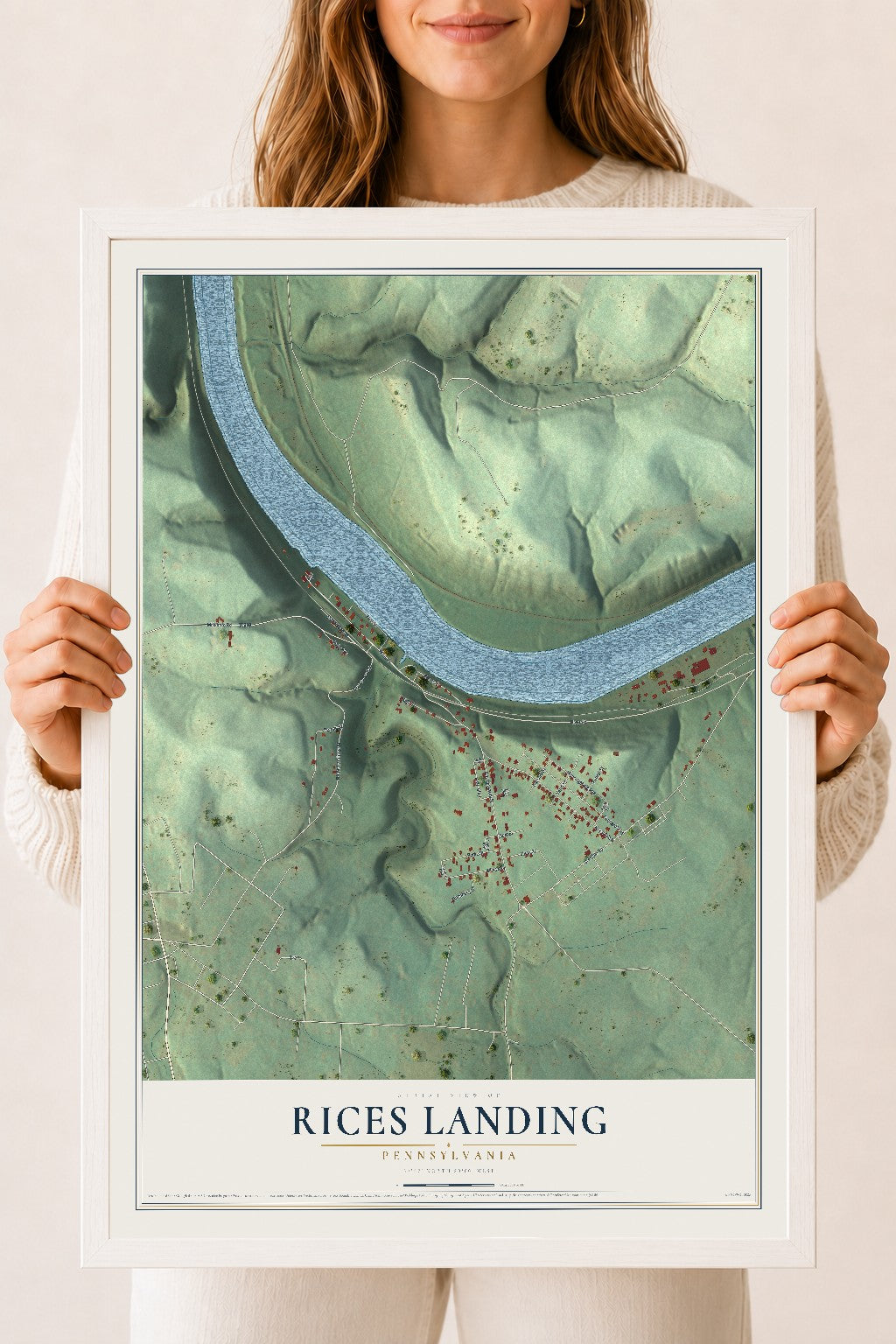 Map of Rices Landing, Pennsylvania, 18 x 24 inch print in a white wood frame