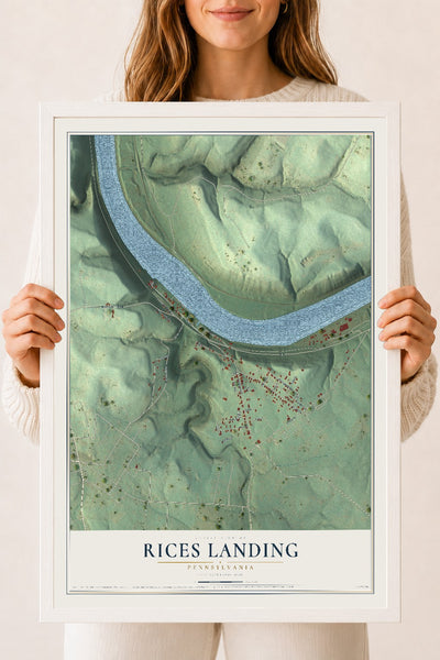 Map of Rices Landing, Pennsylvania, 18 x 24 inch print in a white wood frame