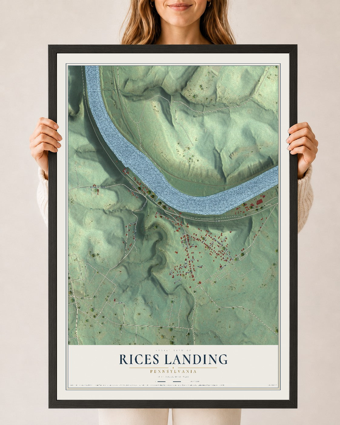 Map of Rices Landing, Pennsylvania, 24 x 36 inch print in a black wood frame