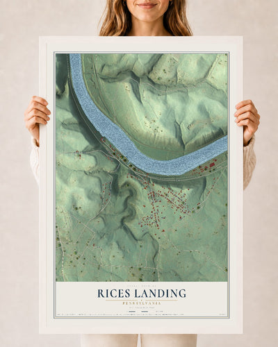 Map of Rices Landing, Pennsylvania, 24 x 36 inch print in a white wood frame