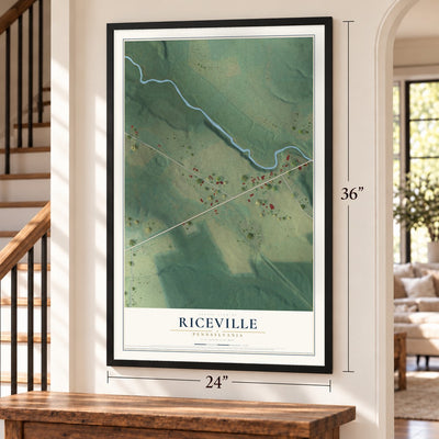 Riceville, Pennsylvania map, 24 x 36 inch print in a black frame by a staircase